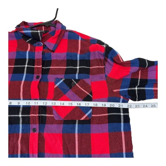 EXPRESS Women SZ M Red Plaid Flannel Cropped Button Down Shirt Long Sleeve - Picture 4 of 11